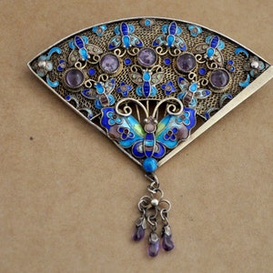 Antique Chinese export silver brooch pin 925 sterling silver wirework enamel butterfly purple amethyst stones large statement jewelry gift