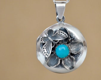 sterling silver 925 locket, sky blue nature Kingman turquoise stone, leaf and butterfly round silver locket, handmade 925 sterling silver