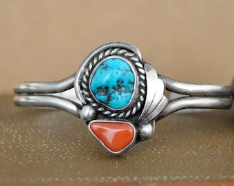 VINTAGE FIND Navajo 925 sterling silver cuff bangle bracelet, sleeping beauty sky blue turquoise red coral stackable stacking jewelry