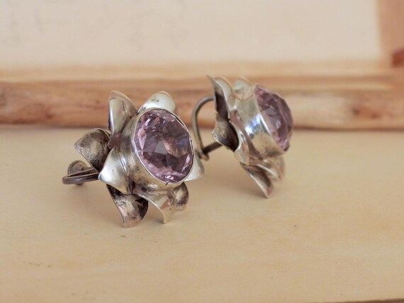 Statement Amethyst flower earrings 925 sterling s… - image 4