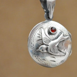 Silver sparrow bird locket necklace - JOURNEY - handmade sterling silver photo locket jewelry for women garnet jewelry birthday gift