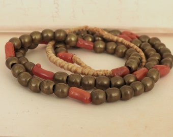 Vintage find Native American brass beads and natural coral necklace hand stung layering long necklace unique jewelry gift for women