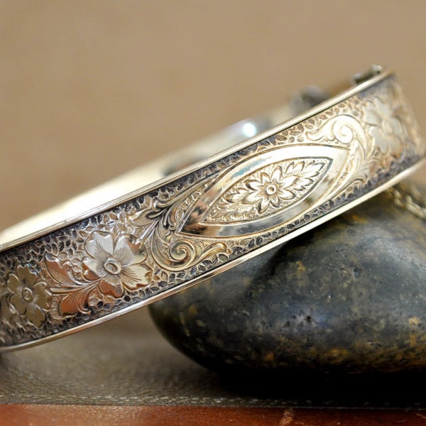 VINTAGE FIND engraved sterling silver Dunn brother hinged bracelet bracelet bangle, 10/20 gold filled floral etched sterling silver bangle