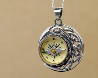 handmade 925 silver Celtic moon working compass necklace gift for her antique silver compass charm moon and star guidance explore new world