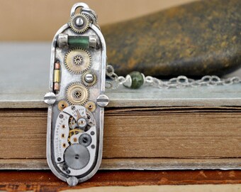handmade 925 sterling silver Steampunk watch gear, green tourmaline, large statement piece, vintage watch movement one of a kind