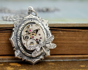 steampunk jewelry - TIME TRAVELER - antiqued silver steampunk watch movement necklace with tiny dragonfly