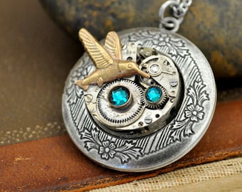 silver HUMMING BIRD Steampunk vintage jeweled locket necklace handmade photo jewelry gift for women