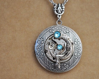 Silver lady and Crescent moon locket necklace, Victorian lunar goddess steampunk OOAK locket necklace gift for women locket with photos