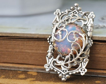 Door To The Secret Garden, antiqued silver pendant with vintage pink opal glass cab