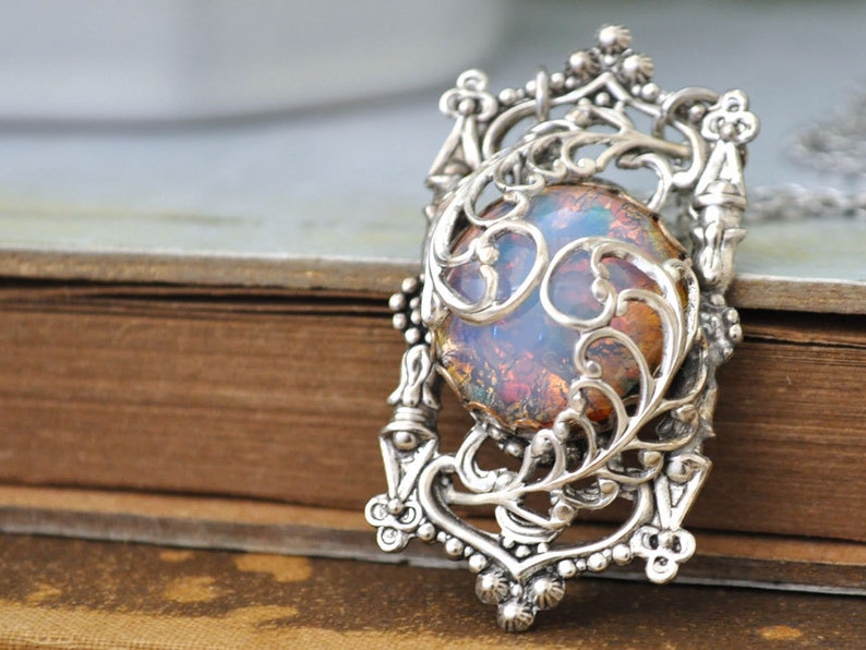 Door To The Secret Garden, antiqued silver pendant with vintage pink opal glass cab image 2