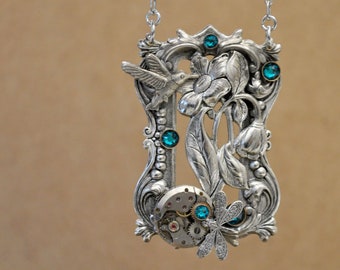 THROUGH the GARDEN WINDOW, antique silver necklace with humming bird and dragonfly, steampunk Victorian silver necklace