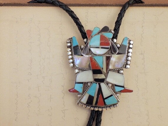 Enormous Vintage Native American Zuni Inlay Turquoise Coral Knifewing Sterling Silver Bolo Enormous Vintage Native American Zuni Inlay Turquoise Coral Knifewing Sterling Silver Bolo
