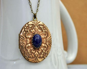 vintage 70s American made brass floral locket, ENCHANTED, Victorian style large floral locket with 50 West Germany faux blue lapis glass cab