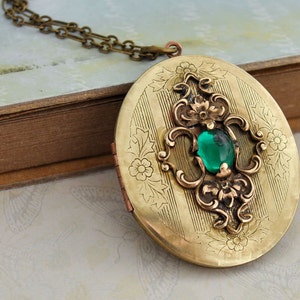 womens locket necklace - ENCHANTED - vintage 70s brass locket necklace with vintage Swarovski emerald color glass cab Victorian