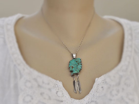 Longer Hand Carved Chief Head Vintage Native American Navajo Turquoise Sterling Silver Necklace Longer Hand Carved Chief Head Vintage Native American Navajo Turquoise Sterling Silver Necklace