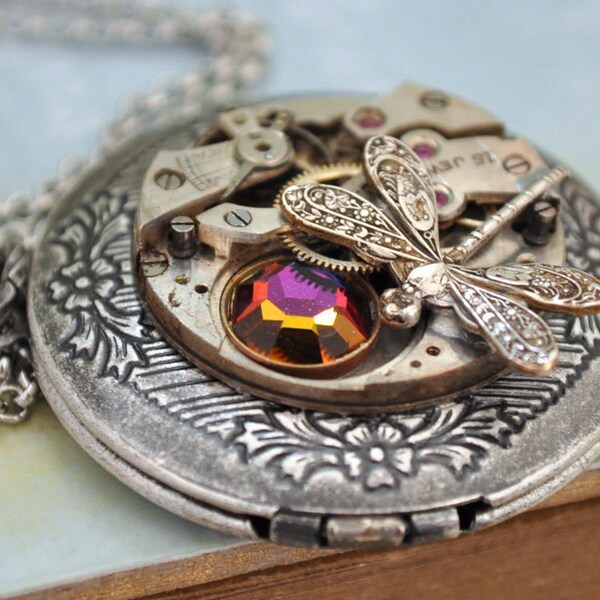 TIME TRAVELER steampunk antique silver watch movement photo locket necklace with tiny dragonfly