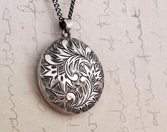 antique silver locket 925 sterling silver hand etched floral photo locket collectable Victorian period photo jewelry gift for women