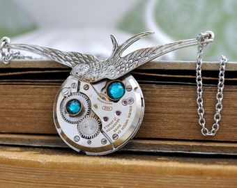 Silver sparrow bird steampunk necklace with blue zircon Swarovski rhinestones handmade unique jewelry gift for women