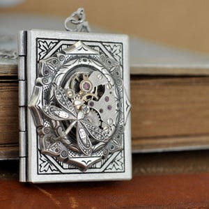 THE TIME KEEPER antiqued silver book style steampunk vintage watch movement locket necklace