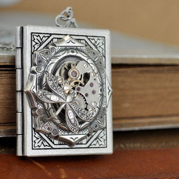 THE TIME KEEPER antiqued silver book style steampunk vintage watch movement locket necklace