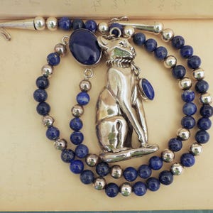 vintage Carol Felley Cat necklace Statement Navajo style designer 925 sterling silver Egyptian cat necklace blue lapis beaded chain year 89