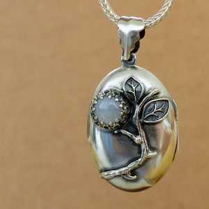 Silver leaf and vine moonstone tree photo necklace moonlit tree branch locket garden forest moonlight necklace gift for her 925 sterling