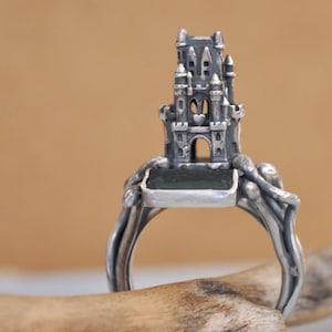 Handmade 925 sterling silver ring. dark green Tourmaline Rough stone ring. Vintage castle ring, disneyland castle, size  7.25