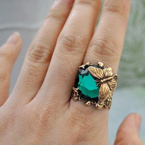 BUTTERFLY IN MOTION Neo Victorian vintage style brass ring with butterfly and Swarovski Emerald green glass cab image 5