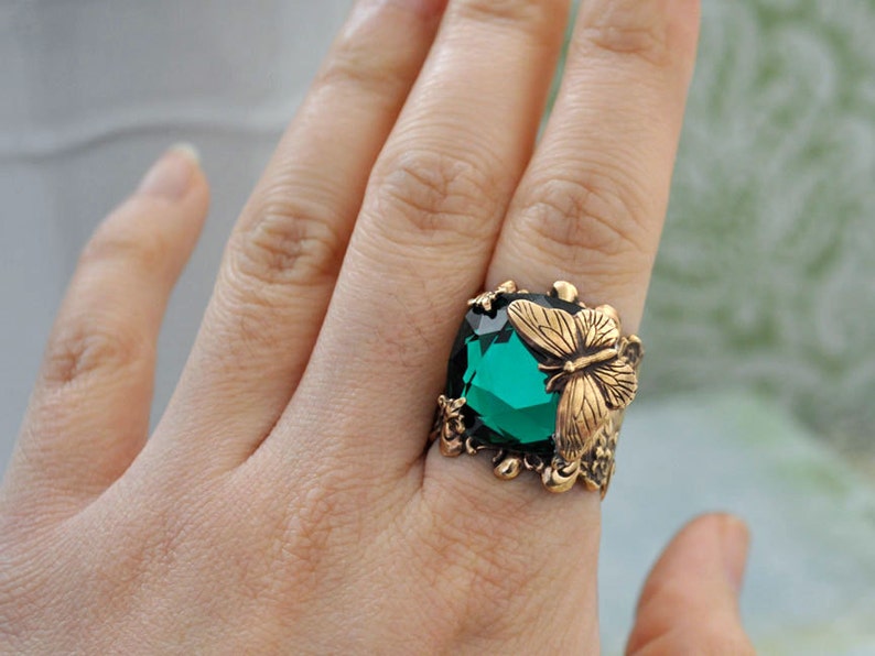 BUTTERFLY IN MOTION Neo Victorian vintage style brass ring with butterfly and Swarovski Emerald green glass cab image 5