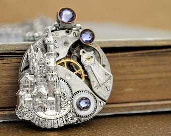 steampunk silver castle necklace ONCE UPON a TIME antique 1900s Elgin watch movement necklace Tanzanite rhinestones handmade unique gift