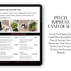 Peut inclure: Une image en noir et blanc d'une tablette affichant une liste de services et de tarifs pour la cr&eacute;ation de contenu. Le texte sur l'&eacute;cran indique "Que puis-je faire pour vous ?" et "Services et tarifs". Les services r&eacute;pertori&eacute;s comprennent "Photo sponsoris&eacute;e", "Vid&eacute;o sponsoris&eacute;e", "Cr&eacute;ation de contenu", "D&eacute;ballage", "Instastory" et "Ambassadeur de marque". Les tarifs de chaque service sont indiqu&eacute;s en dollars am&eacute;ricains. Le texte en haut de l'&eacute;cran indique "Pitch. Impress. Land Deals."