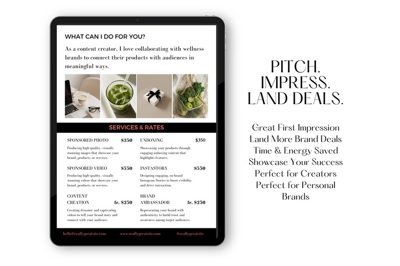 Peut inclure: Une image en noir et blanc d'une tablette affichant une liste de services et de tarifs pour la cr&eacute;ation de contenu. Le texte sur l'&eacute;cran indique "Que puis-je faire pour vous ?" et "Services et tarifs". Les services r&eacute;pertori&eacute;s comprennent "Photo sponsoris&eacute;e", "Vid&eacute;o sponsoris&eacute;e", "Cr&eacute;ation de contenu", "D&eacute;ballage", "Instastory" et "Ambassadeur de marque". Les tarifs de chaque service sont indiqu&eacute;s en dollars am&eacute;ricains. Le texte en haut de l'&eacute;cran indique "Pitch. Impress. Land Deals."