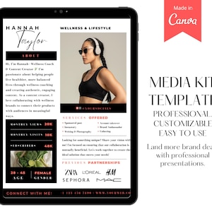 Peut inclure: Une tablette noire affichant un mod&egrave;le de kit m&eacute;dia pour une cr&eacute;atrice de contenu sp&eacute;cialis&eacute;e dans le bien-&ecirc;tre et le style de vie nomm&eacute;e Hannah Taylor. Le mod&egrave;le comprend des informations sur ses services, ses partenariats pr&eacute;c&eacute;dents et ses coordonn&eacute;es. Le texte "MEDIA KIT TEMPLATE" est affich&eacute; en gras, en noir, en haut de l'&eacute;cran. Le texte "PROFESSIONAL. CUSTOMIZABLE. EASY TO USE" est affich&eacute; en noir sous le titre. Le texte "Land more brand deals with professional presentations." est affich&eacute; en noir sous le texte pr&eacute;c&eacute;dent.