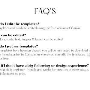 Peut inclure: Un document FAQ textuel avec l'en-t&ecirc;te "FAQ'S" et quatre questions et r&eacute;ponses sur la modification et le t&eacute;l&eacute;chargement de mod&egrave;les. Les questions sont : "Comment modifier les mod&egrave;les ?", "Que peut-on modifier ?", "Comment obtenir mes mod&egrave;les ?", et "Que faire si je n'ai pas beaucoup de followers ou d'exp&eacute;rience en design ?"