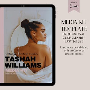 May include: A digital media kit template with a pink background and a photo of a woman with dark hair and a white shirt. The text "MEDIA KIT TEMPLATE" is in black text and the text "PROFESSIONAL. CUSTOMIZABLE. EASY TO USE" is in black text. The text "Land more brand deals with professional presentations." is in black text.