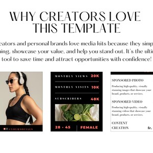 Peut inclure: Mod&egrave;le de kit m&eacute;dia noir et blanc pour les cr&eacute;ateurs et les marques personnelles. Le mod&egrave;le comprend une photo d'une femme portant un casque, une section pour les vues, les visites et les abonn&eacute;s mensuels, ainsi qu'une section pour la cr&eacute;ation de contenu photo et vid&eacute;o sponsoris&eacute; avec des prix.