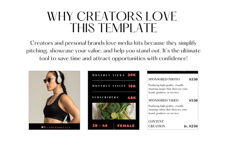 Peut inclure: Mod&egrave;le de kit m&eacute;dia noir et blanc pour les cr&eacute;ateurs et les marques personnelles. Le mod&egrave;le comprend une photo d'une femme portant un casque, une section pour les vues, les visites et les abonn&eacute;s mensuels, ainsi qu'une section pour la cr&eacute;ation de contenu photo et vid&eacute;o sponsoris&eacute; avec des prix.