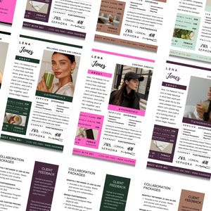 Peut inclure: Un ensemble de cartes roses, vertes et brunes avec du texte et des images. Les cartes pr&eacute;sentent des informations sur des coachs de bien-&ecirc;tre et des cr&eacute;ateurs de contenu, y compris leurs noms, les services propos&eacute;s et les commentaires des clients. Les cartes pr&eacute;sentent &eacute;galement des logos de marques telles que Sephora, L'Or&eacute;al et MAC.