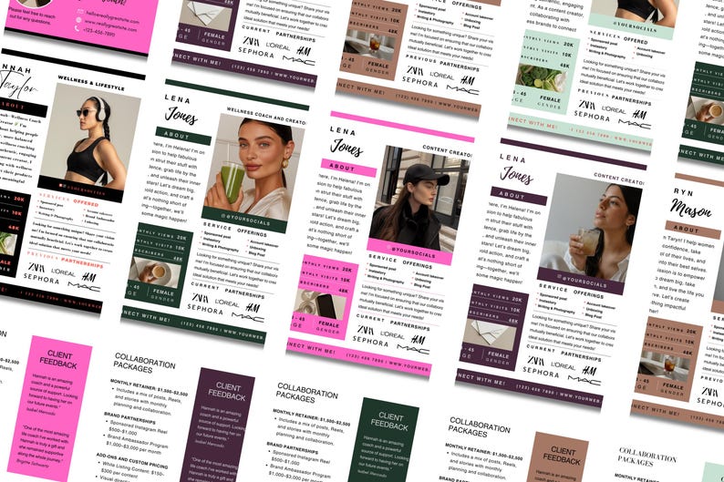 Peut inclure: Un ensemble de cartes roses, vertes et brunes avec du texte et des images. Les cartes pr&eacute;sentent des informations sur des coachs de bien-&ecirc;tre et des cr&eacute;ateurs de contenu, y compris leurs noms, les services propos&eacute;s et les commentaires des clients. Les cartes pr&eacute;sentent &eacute;galement des logos de marques telles que Sephora, L'Or&eacute;al et MAC.