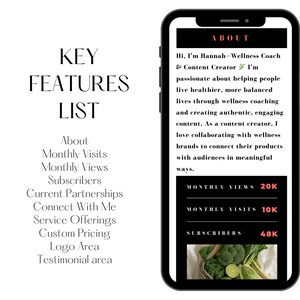 Peut inclure: Capture d'&eacute;cran d'un t&eacute;l&eacute;phone mobile affichant un site web pour un coach de bien-&ecirc;tre. Le site web pr&eacute;sente une photo de produits frais, une description des services du coach et des statistiques sur son audience, notamment 20 000 vues mensuelles, 10 000 visites mensuelles et 48 000 abonn&eacute;s.