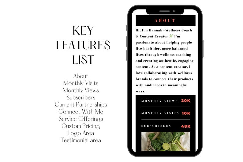 Peut inclure: Capture d'&eacute;cran d'un t&eacute;l&eacute;phone mobile affichant un site web pour un coach de bien-&ecirc;tre. Le site web pr&eacute;sente une photo de produits frais, une description des services du coach et des statistiques sur son audience, notamment 20 000 vues mensuelles, 10 000 visites mensuelles et 48 000 abonn&eacute;s.
