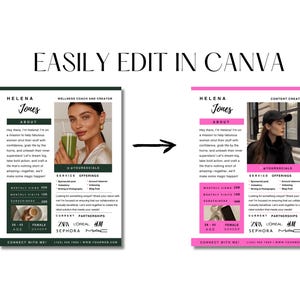 Peut inclure: Deux maquettes c&ocirc;te &agrave; c&ocirc;te d'une carte de visite pour un coach de bien-&ecirc;tre et un cr&eacute;ateur de contenu. La conception pr&eacute;sente une photo d'une femme, le texte "HELENA Jones" et une liste des services propos&eacute;s. La maquette de gauche a un fond vert et la maquette de droite a un fond rose.