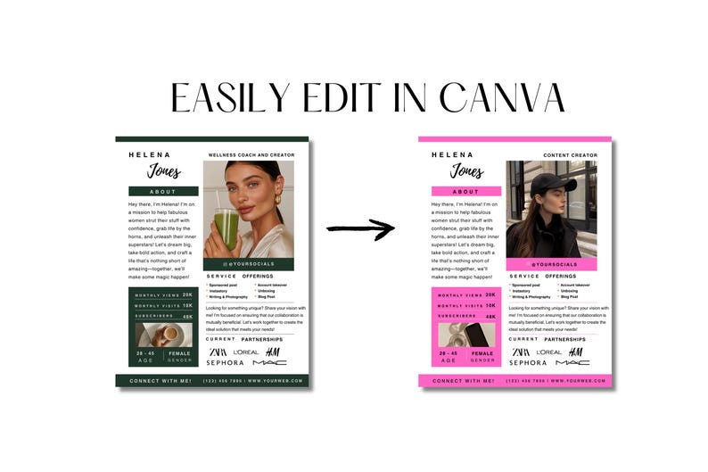Peut inclure: Deux maquettes c&ocirc;te &agrave; c&ocirc;te d'une carte de visite pour un coach de bien-&ecirc;tre et un cr&eacute;ateur de contenu. La conception pr&eacute;sente une photo d'une femme, le texte "HELENA Jones" et une liste des services propos&eacute;s. La maquette de gauche a un fond vert et la maquette de droite a un fond rose.