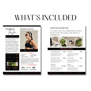Peut inclure: Une brochure noir et blanc avec le texte "WHAT'S INCLUDED" en haut. La brochure est divis&eacute;e en deux sections. La section de gauche pr&eacute;sente une photo d'une femme portant un casque et un soutien-gorge de sport noir. Le texte "HANNAH Taylor" est en haut de la section de gauche. La section de droite pr&eacute;sente une photo d'un smoothie vert et d'un bol de l&eacute;gumes verts. Le texte "WHAT CAN I DO FOR YOU?" est en haut de la section de droite. Le texte "SERVICES & RATES" est sous la photo. La brochure liste diff&eacute;rents services et tarifs pour les publications sponsoris&eacute;es, les vid&eacute;os, la cr&eacute;ation de contenu et les collaborations de marque.