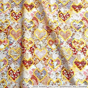 May include: A fabric with a repeating pattern of yellow-outlined hearts. Each heart contains a different floral or character design, including Hello Kitty. The background is a mix of floral and paisley patterns in various colors.