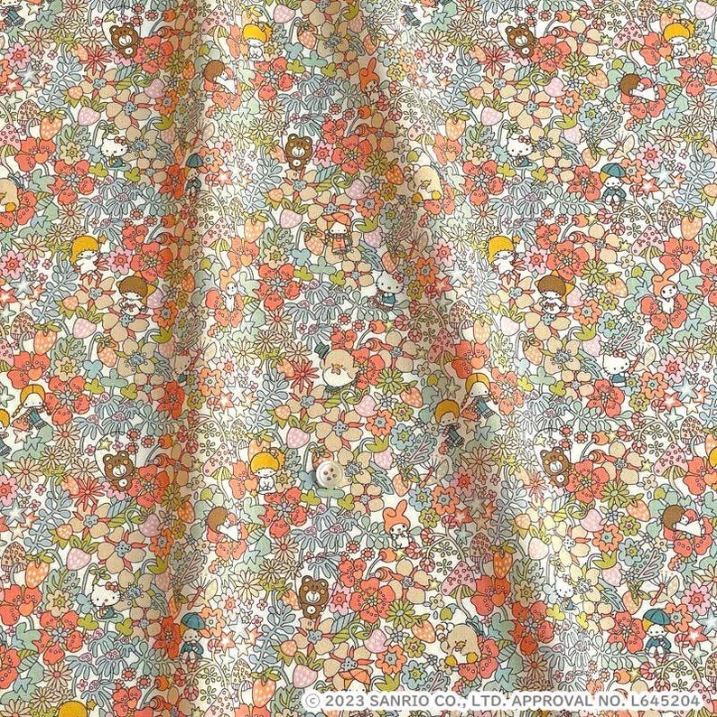 May include: A white fabric with a repeating pattern of colorful flowers, strawberries, and cartoon characters. The characters are wearing hats and dresses. The fabric has a subtle sheen.