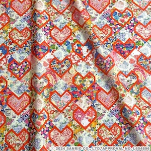 May include: A red and white fabric with a patchwork design featuring hearts. The fabric is made up of small squares of different patterns, including floral prints, polka dots, and geometric shapes. The hearts are outlined in red and filled with various colours and patterns. The fabric is perfect for quilting, sewing, and crafting.