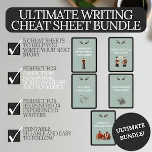 May include: An Ultimate Writing Cheat Sheet Bundle with five cheat sheets. The bundle includes Character Development, Show, Don't Tell, Plot Beat, Scene Anatomy, and Dialogue Do's and Don'ts. The bundle is perfect for writers of all levels.