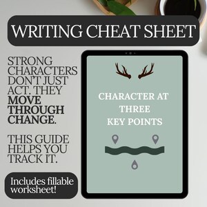 May include: A digital tablet displays a writing cheat sheet with the title "WRITING CHEAT SHEET." The screen shows text about character development, including "CHARACTER AT THREE KEY POINTS." The image includes a fillable worksheet.