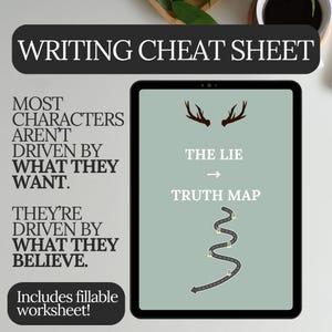 Op de afbeelding: Een digitale tablet toont een schrijfhulpblad met de tekst "Writing Cheat Sheet". Het scherm toont "The Lie" dat leidt naar een "Truth Map" met een kronkelende weg grafiek. Extra tekst bevat schrijftips.